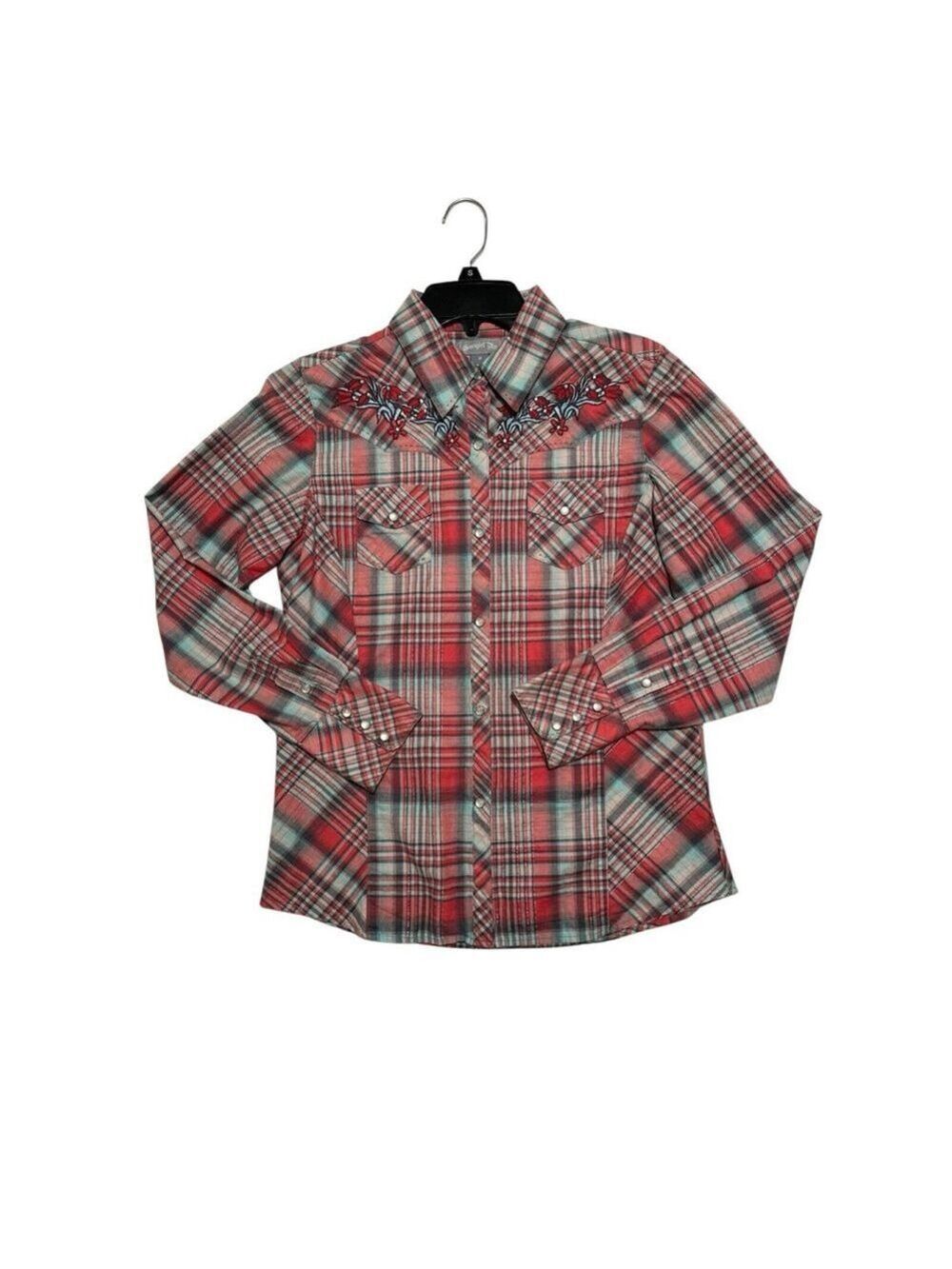 Cowgirl Up Plaid Snap Button Shirt Womens M Red Embroidered Jewels Cotton Bling